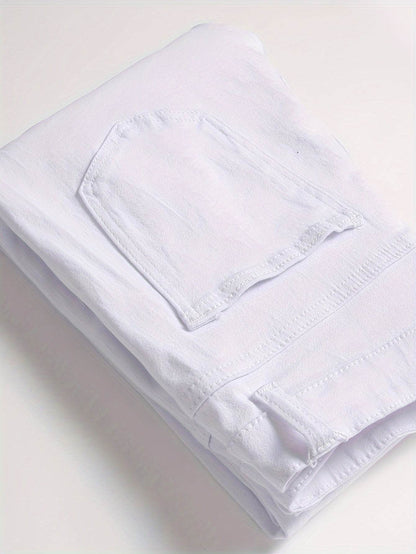 Men's Slim-Fit White Jeans - Ripped Stretch Denim for Casual Style - Buy Center US