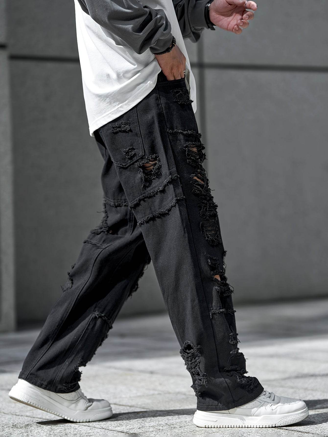Urban Chic Men's Ripped Jeans - Loose Fit Wide Leg Design for Casual Wear - Buy Center US