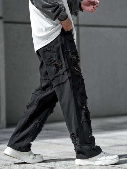 Urban Chic Men's Ripped Jeans - Loose Fit Wide Leg Design for Casual Wear - Buy Center US
