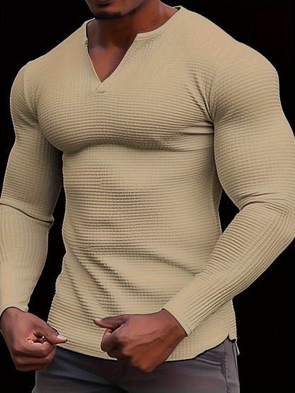 Men's Waffle V Neck Long Sleeve Active T-shirt - Comfy Casual Wear - Buy Center US