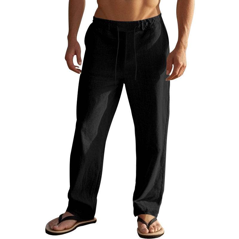 Men's Casual Solid Color Cotton Linen Trousers - Drawstring & Straight-Leg - Buy Center US