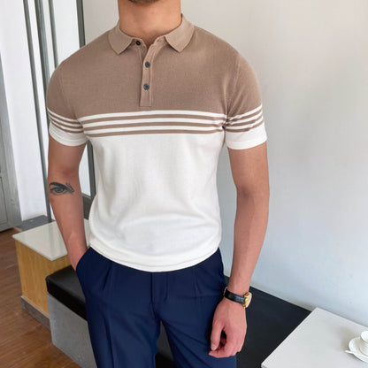 Casual Striped Short Sleeve Polo Shirt - Khaki, Black, or Dark Blue - Buy Center US