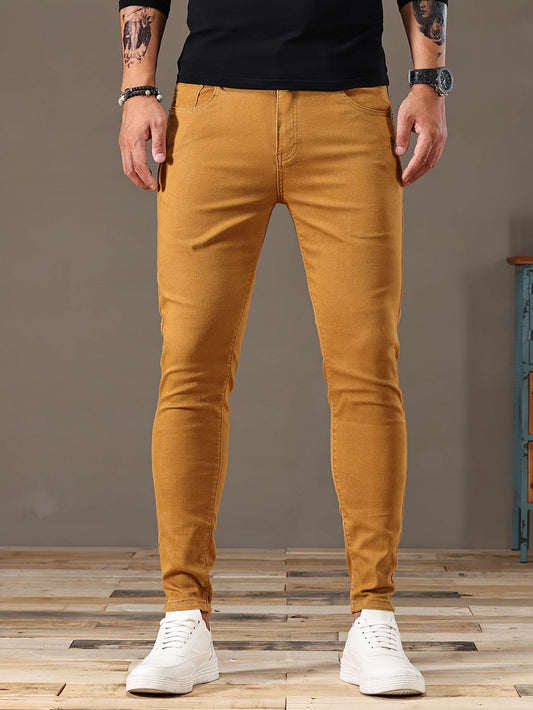 Men's Mustard Yellow Slim-Fit Jeans - All-Season Casual Comfort - Buy Center US