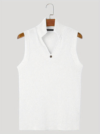 Men's Casual Ribbed Knit Sleeveless Shirt - Lapel Collar Button-Up Tank - Buy Center US