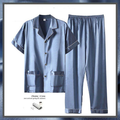 Buycenter Men's Summer Short Sleeve Trousers Suit - Thin Ice Silk Homewear - Buy Center US