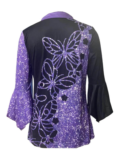 New Printed Lapel T-shirt - Three-Quarter Sleeve with Irregular Cuff - Buy Center US