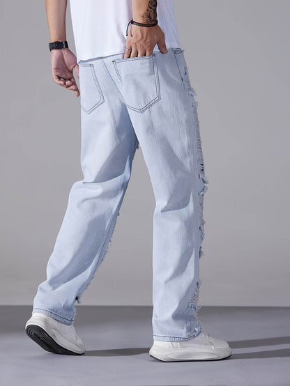 Men's Casual Distressed Denim Jeans - Solid Color, Regular Fit, Ripped Details - Buy Center US