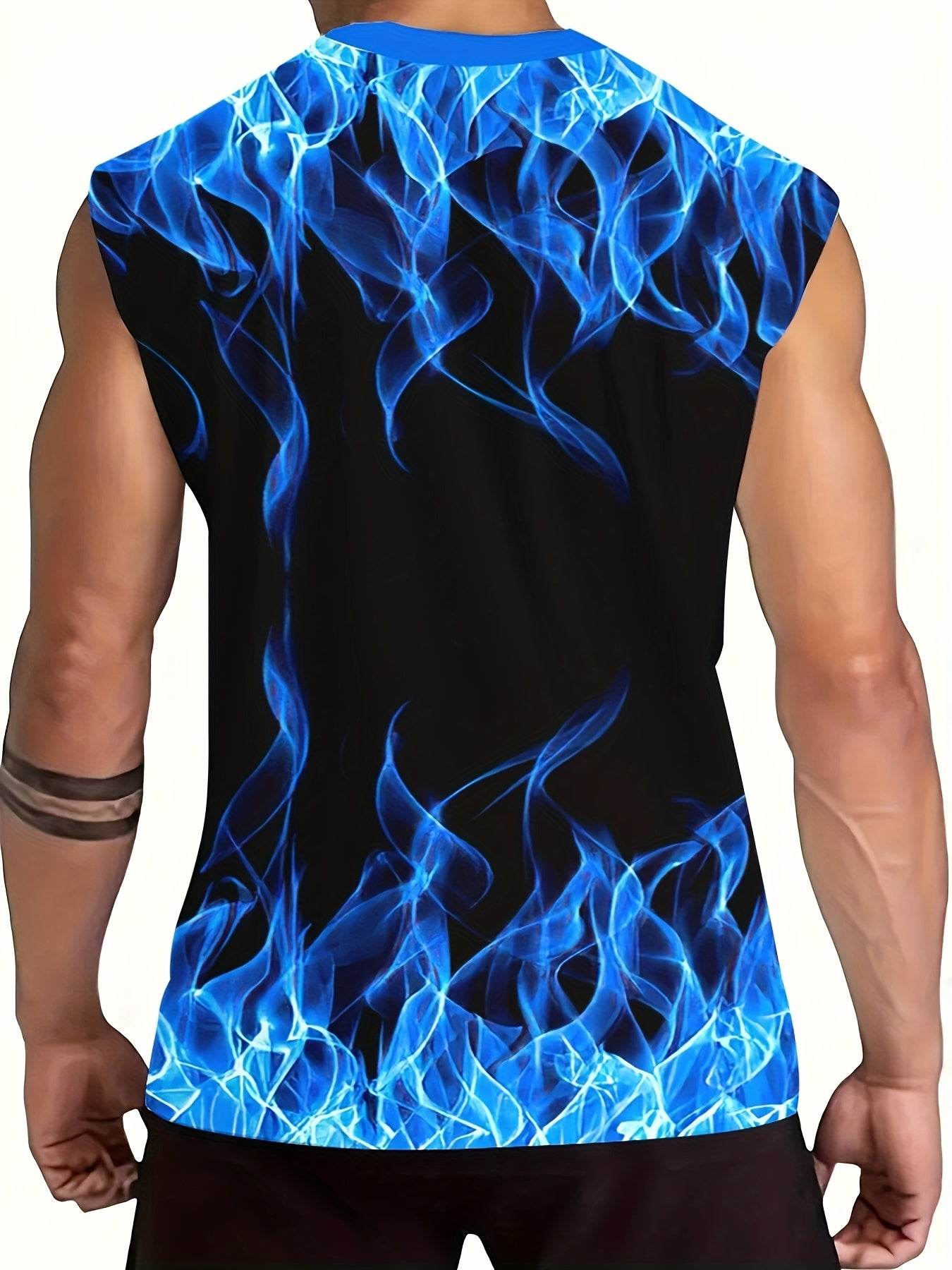 Men's Sleeveless Muscle Tank - 3D Blue Flame Print for Gym & Daily Wear - Buy Center US