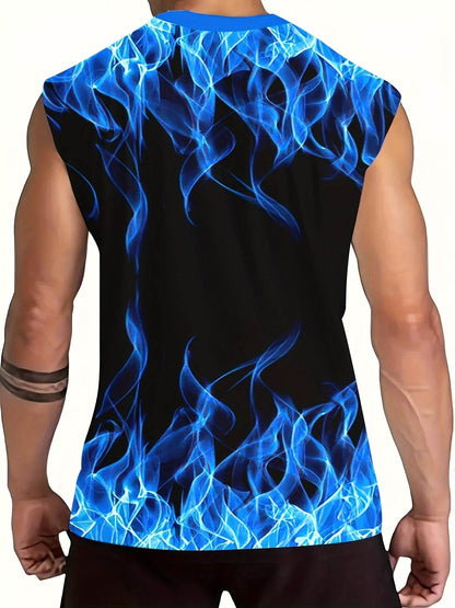 Men's Sleeveless Muscle Tank - 3D Blue Flame Print for Gym & Daily Wear - Buy Center US