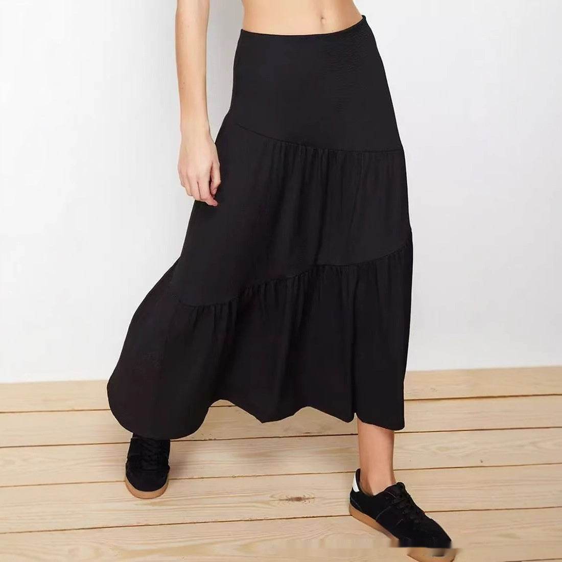 Irregular Pleated High Waist Skirt - Black A-Line Big Hem Dress - Buy Center US