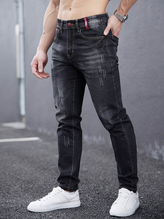Men's Slim-Fit Washed Jeans - Stretch Denim for All Seasons, Casual Style - Buy Center US