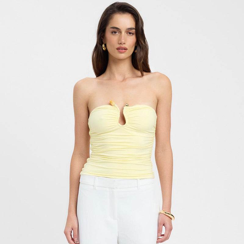 Solid Color Backless Pleated T-shirt - Slim Fit Sleeveless Top - Buy Center US