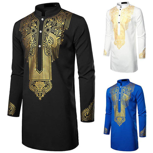 Buycenter Men's African Printed Long Shirt - Casual Style, Stand-Up Collar - Buy Center US
