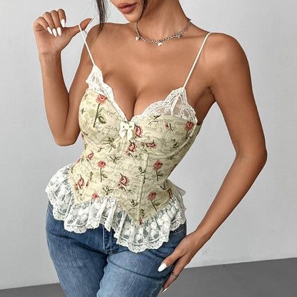 Retro Jacquard Stitching Lace Spaghetti-Strap Vest - Sexy Floral Style - Buy Center US