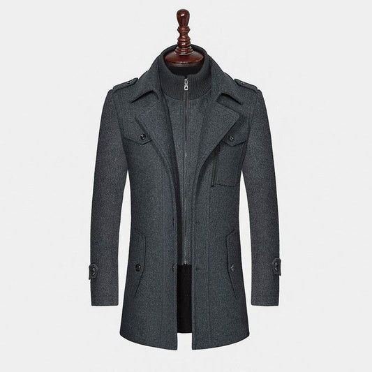 Buycenter Men's Woolen Coat - Double Collar, Standard Zipper Jacket - Buy Center US