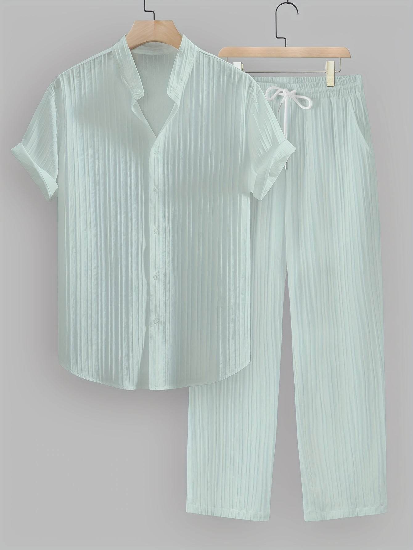 Men's Summer Casual Outfit Set - Striped Short Sleeve Shirt & Drawstring Pants - Buy Center US