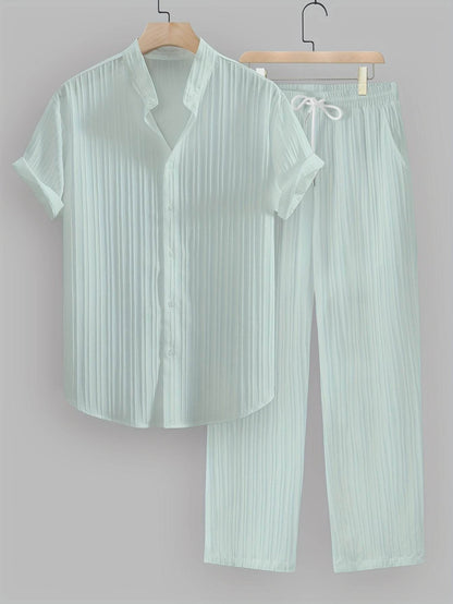 Men's Summer Casual Outfit Set - Striped Short Sleeve Shirt & Drawstring Pants - Buy Center US