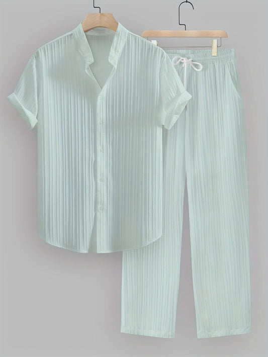 Men's Summer Casual Outfit Set - Striped Short Sleeve Shirt & Drawstring Pants - Buy Center US
