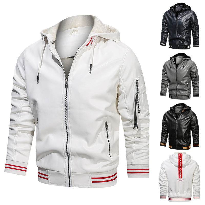 Buycenter Men's Hooded Leather Jacket - Multi-Pocket Casual Style - Buy Center US