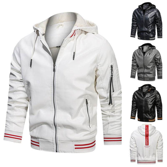 Buycenter Men's Hooded Leather Jacket - Multi-Pocket Casual Style - Buy Center US