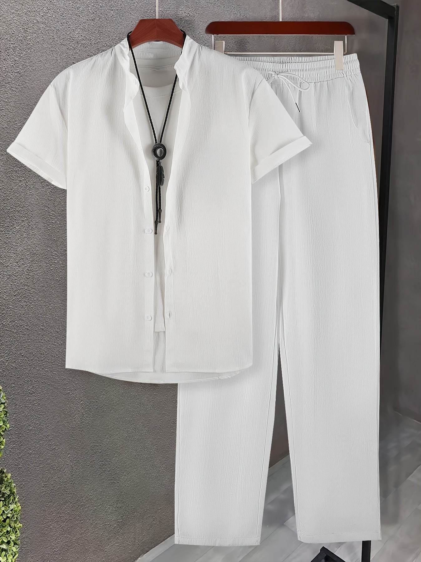 Lightweight Washed Textured Short Sleeve Shirt & Solid Pants Set - Buy Center US