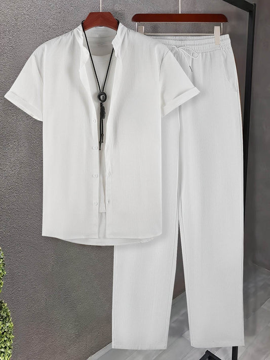 Lightweight Washed Textured Short Sleeve Shirt & Solid Pants Set - Buy Center US