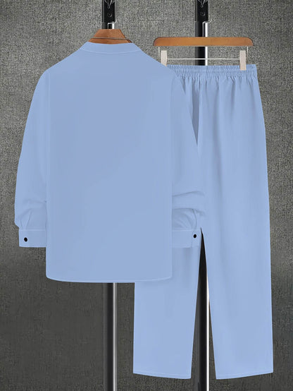 Men's Casual Sky Blue Print Set - Two-Piece Stand Collar Outfit - Buy Center US