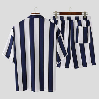 Buycenter Mens Striped Beach Pajamas Suit - Summer Leisurewear in Black & Navy - Buy Center US