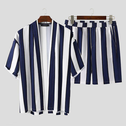 Buycenter Mens Striped Beach Pajamas Suit - Summer Leisurewear in Black & Navy - Buy Center US
