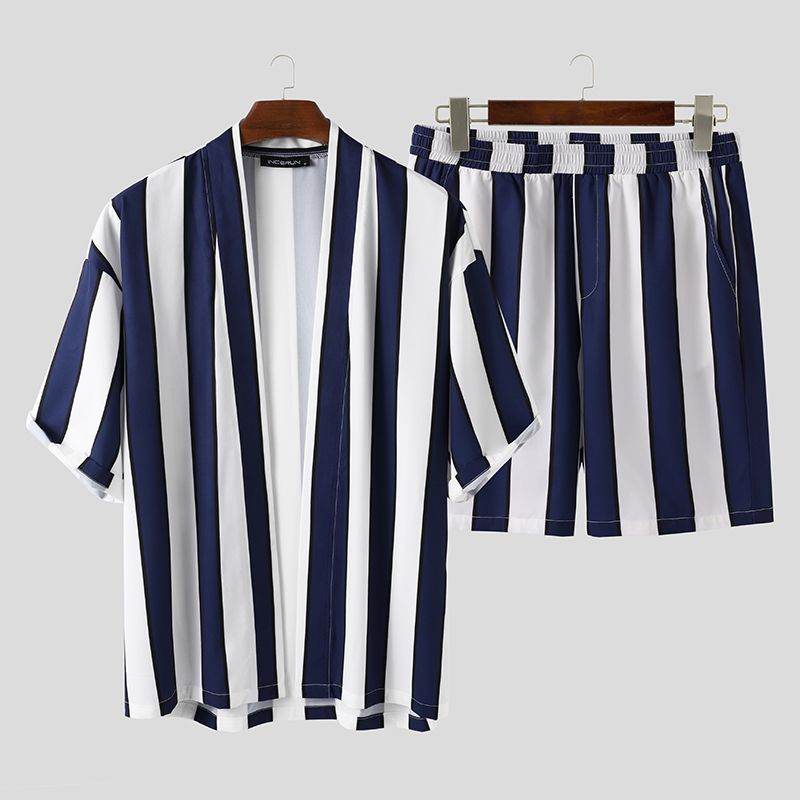 Buycenter Mens Striped Beach Pajamas Suit - Summer Leisurewear in Black & Navy - Buy Center US
