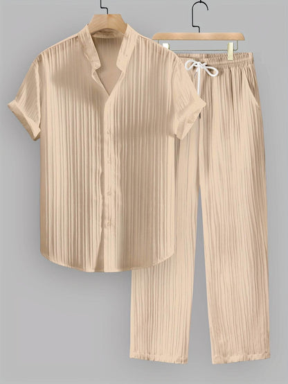 Men's Summer Casual Outfit Set - Striped Short Sleeve Shirt & Drawstring Pants - Buy Center US