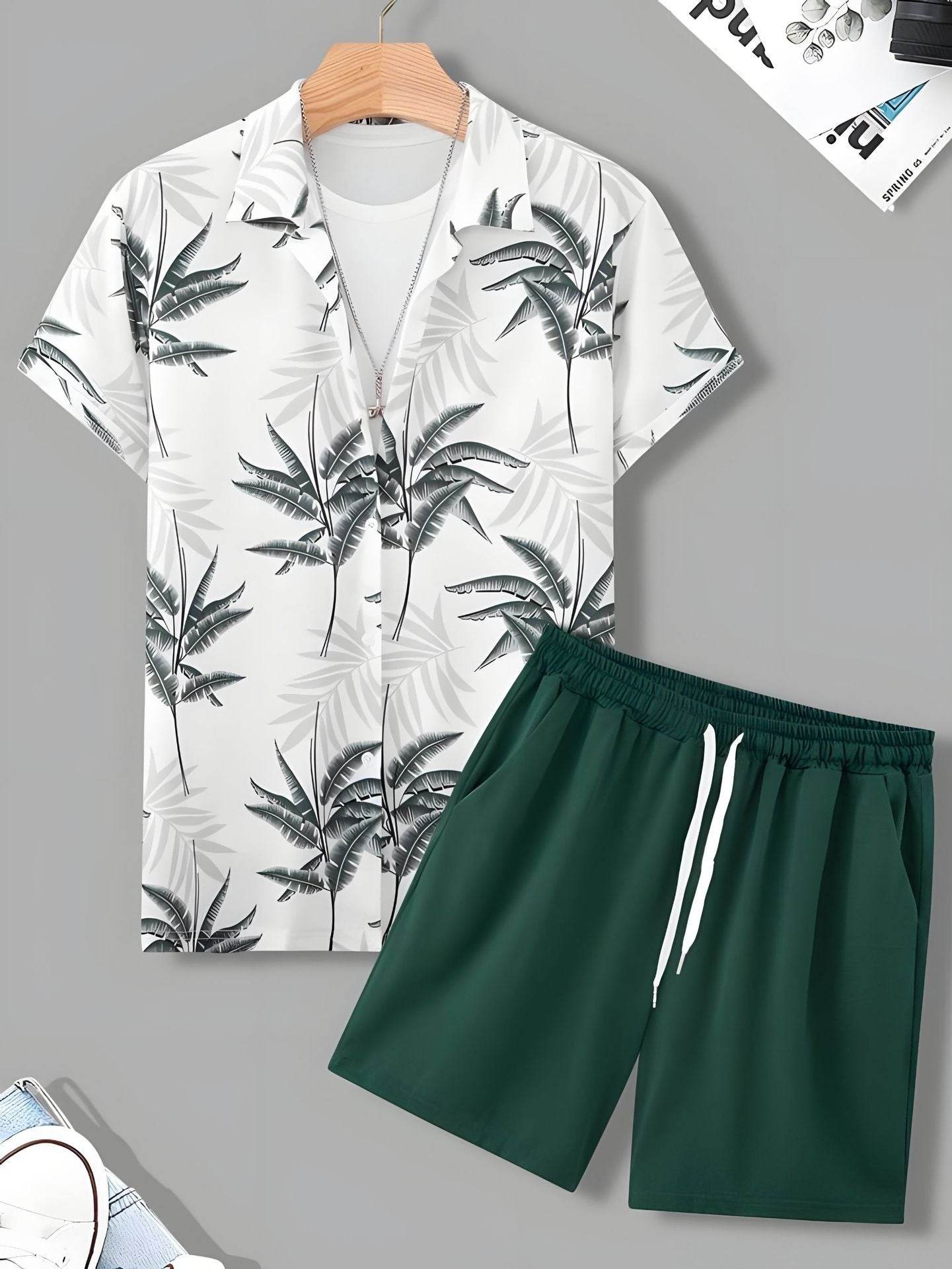 Buycenter Men’s Black and White Striped Hawaiian Shirt Set - Casual Summer Wear - Buy Center US