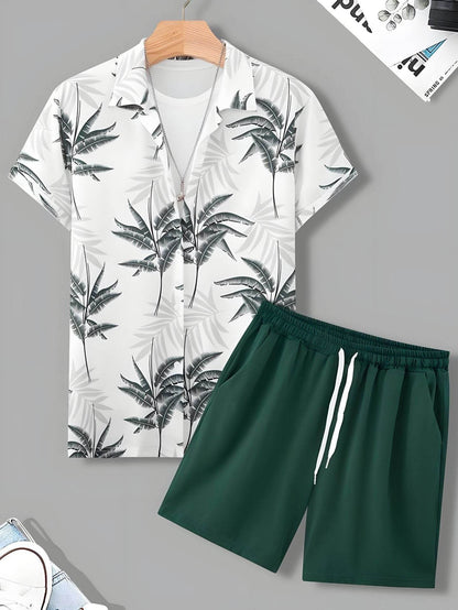 Buycenter Men’s Black and White Striped Hawaiian Shirt Set - Casual Summer Wear - Buy Center US