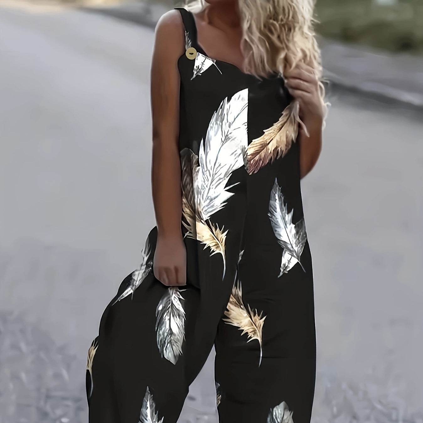 Women's Feather Print Ruffle Hem Jumpsuit - Casual Summer Fashion - Buy Center US