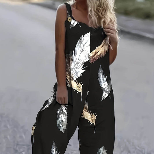 Women's Feather Print Ruffle Hem Jumpsuit - Casual Summer Fashion - Buy Center US