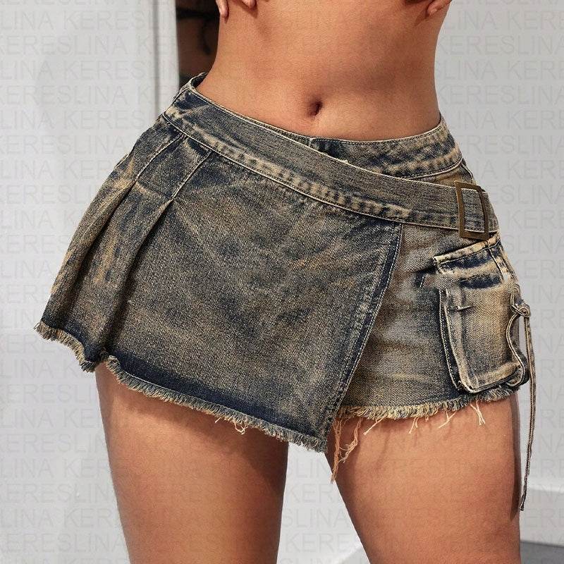 Women's Low Waist Irregular Denim Skirt - Asymmetric Sea Blue Style - Buy Center US