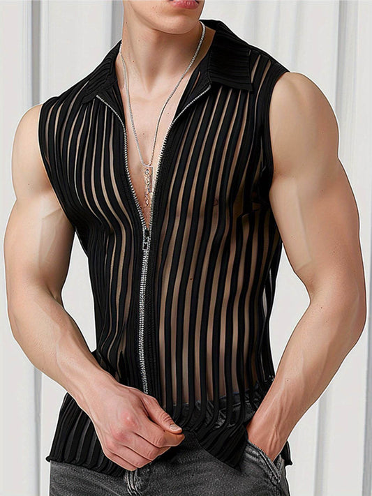 INCERUN Men's Sheer Striped Tank Top - Sexy Zipper Vest for Summer Fun - Buy Center US