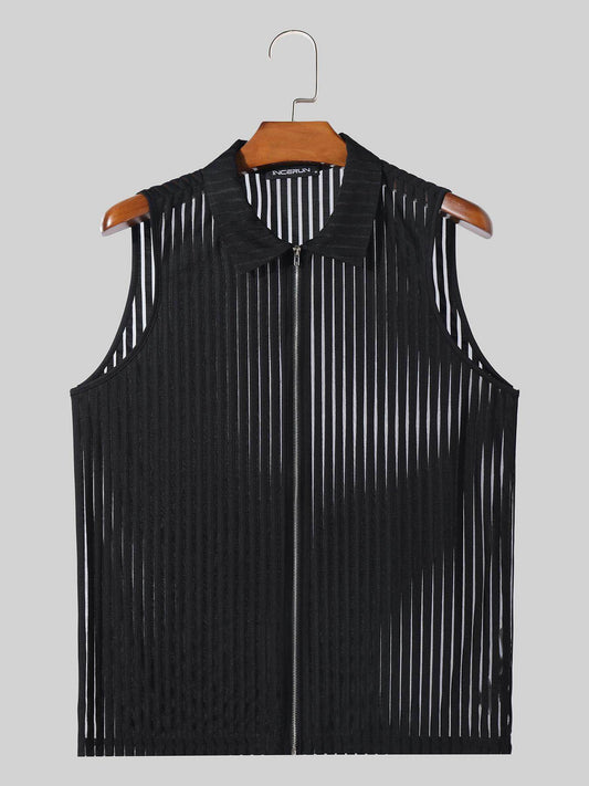 INCERUN Men's Sheer Striped Tank Top - Sexy Zipper Vest for Summer Fun - Buy Center US