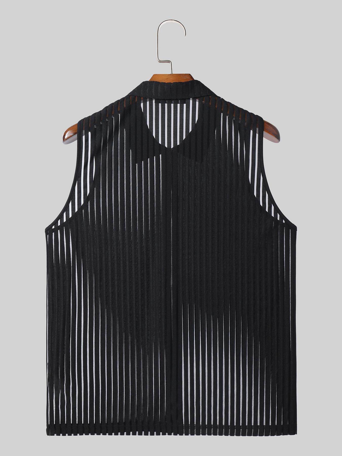 INCERUN Men's Sheer Striped Tank Top - Sexy Zipper Vest for Summer Fun - Buy Center US