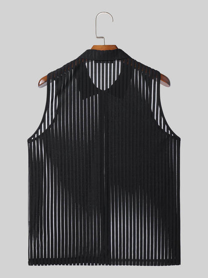 INCERUN Men's Sheer Striped Tank Top - Sexy Zipper Vest for Summer Fun - Buy Center US