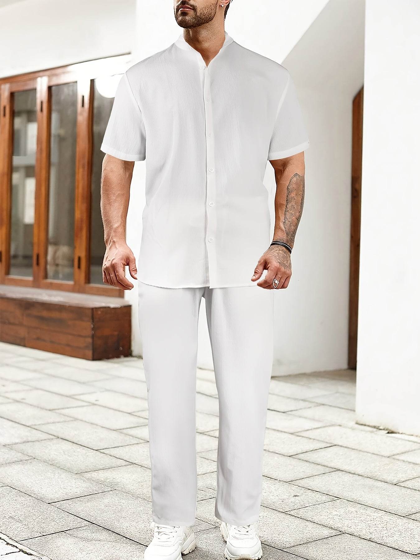 Lightweight Washed Textured Short Sleeve Shirt & Solid Pants Set - Buy Center US