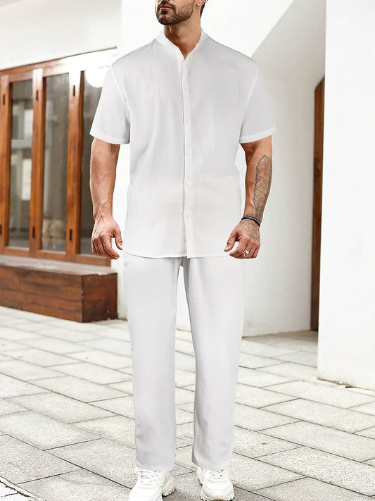 Lightweight Washed Textured Short Sleeve Shirt & Solid Pants Set - Buy Center US