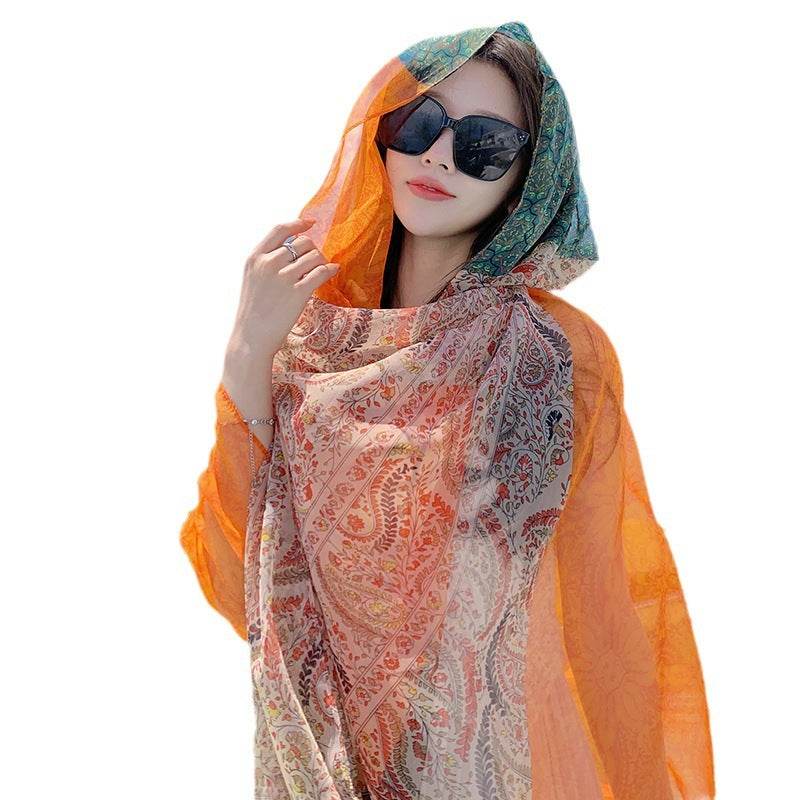 Versatile Silk Scarf for Sun Protection - Bohemian Floral Design 180x125cm - Buy Center US