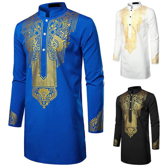Buycenter Men's African Printed Long Shirt - Casual Style, Stand-Up Collar - Buy Center US