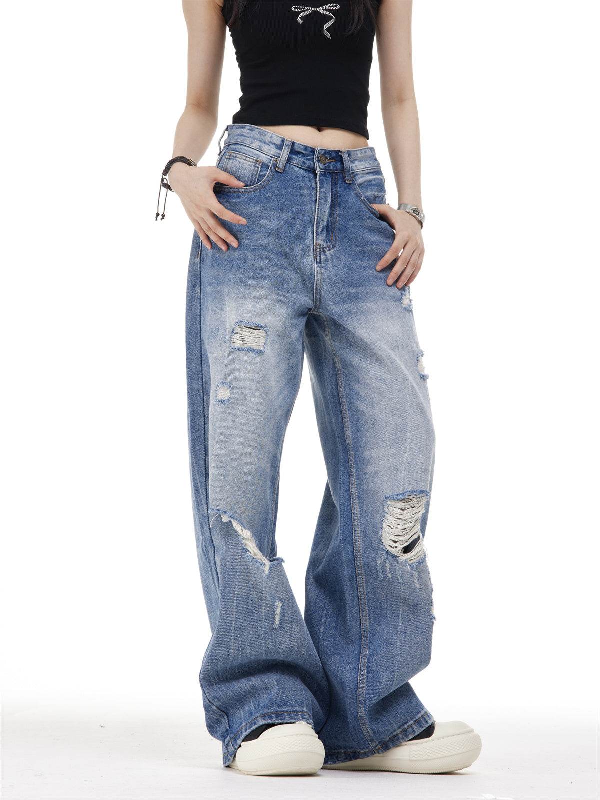 Women's Ripped Washed Blue Jeans - Micro-Elastic, Straight-Leg Style - Buy Center US