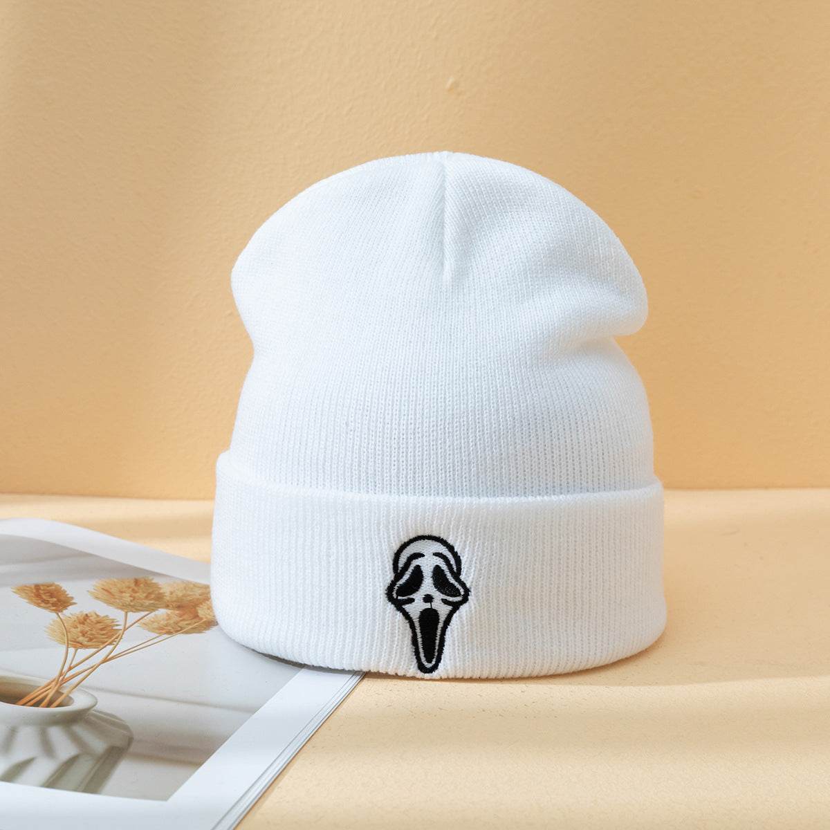 Buycenter Dark Embroidered Ghost Face Knitted Hat - Stylish Winter Accessory - Buy Center US