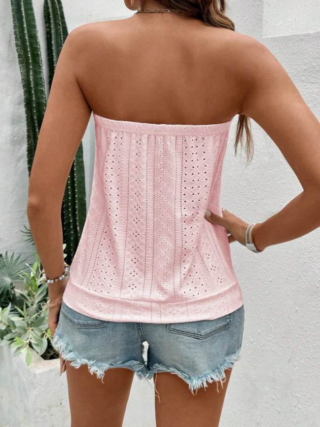 Women's Solid Color Bandeau Top - Embroidered Neckline for Casual Style - Buy Center US