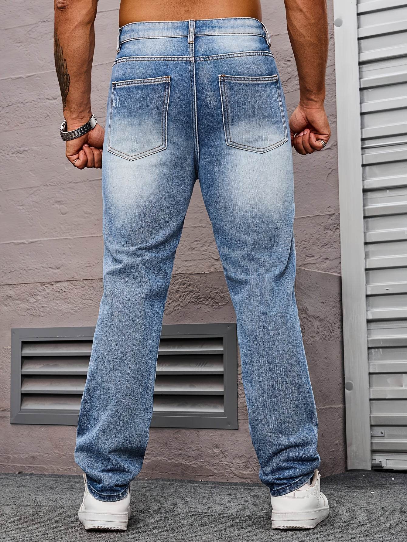 Men's Distressed Light Blue Denim Jeans - Casual Straight Leg for Summer - Buy Center US