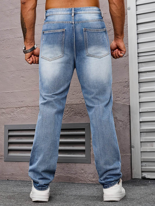 Men's Distressed Light Blue Denim Jeans - Casual Straight Leg for Summer - Buy Center US