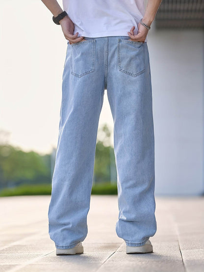 Men's Loose Fit Straight Leg Jeans - Washed Blue, All-Season Comfort - Buy Center US